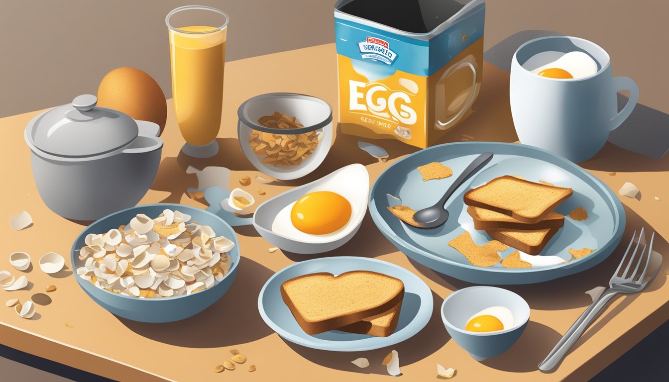 A cluttered kitchen counter with discarded breakfast items: burnt toast, spilled cereal, and a broken eggshell