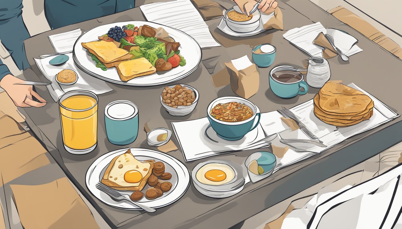 A table with 9 breakfast items, including plates of food, scattered utensils, and discarded napkins. A customer is seen leaving feedback on a notepad