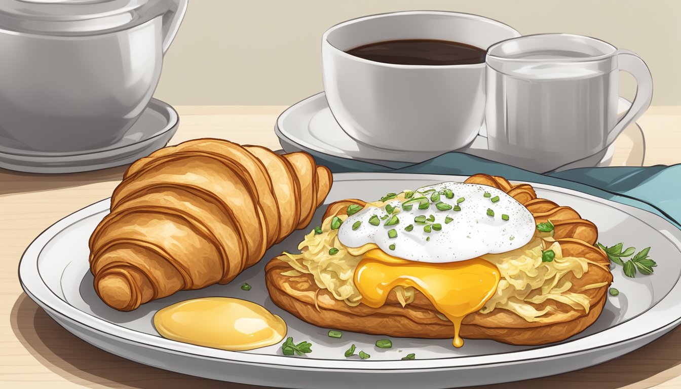 A golden-brown croissant with a fluffy egg and melted cheese, accompanied by crispy hash browns, set on a white plate