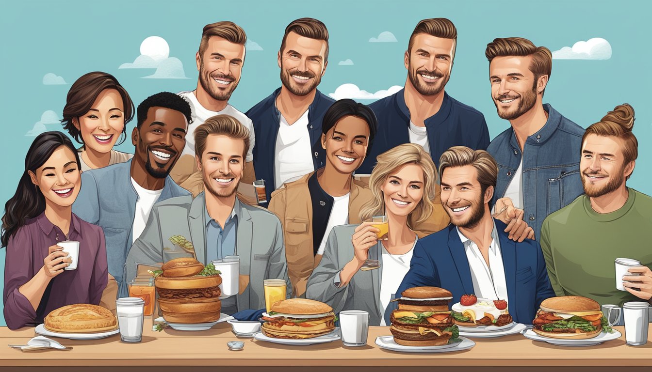 A group of 10 well-known celebrities enjoying a variety of breakfast items from BK's menu, with David Beckham among them