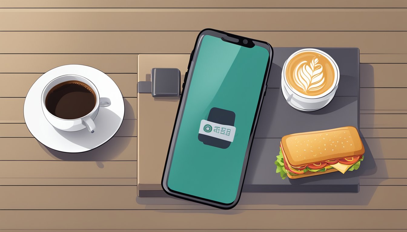 A smartphone displaying a coffee purchase confirmation next to a breakfast sandwich and a steaming cup of coffee