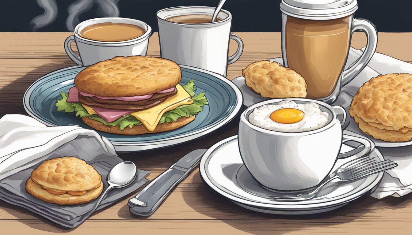 A steaming cup of coffee sits next to a freshly made BK Ham, Egg & Cheese Biscuit on a plate, with a napkin and utensils nearby