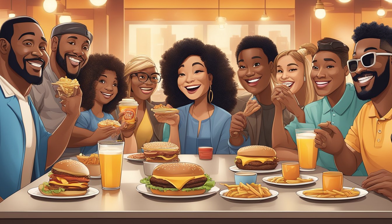 A group of 10 diverse and well-known celebrities eagerly enjoying a variety of breakfast items from Burger King's menu