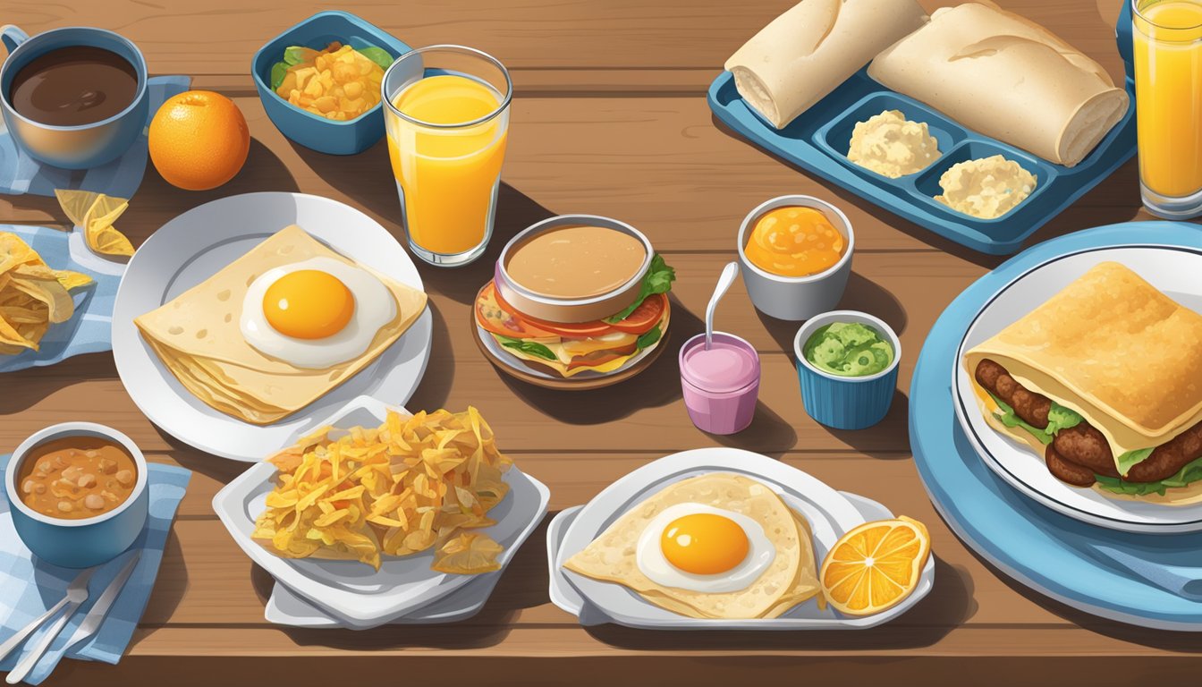 A breakfast table set with a BK Sausage, Egg & Cheese Burrito, a glass of orange juice, and other breakfast items