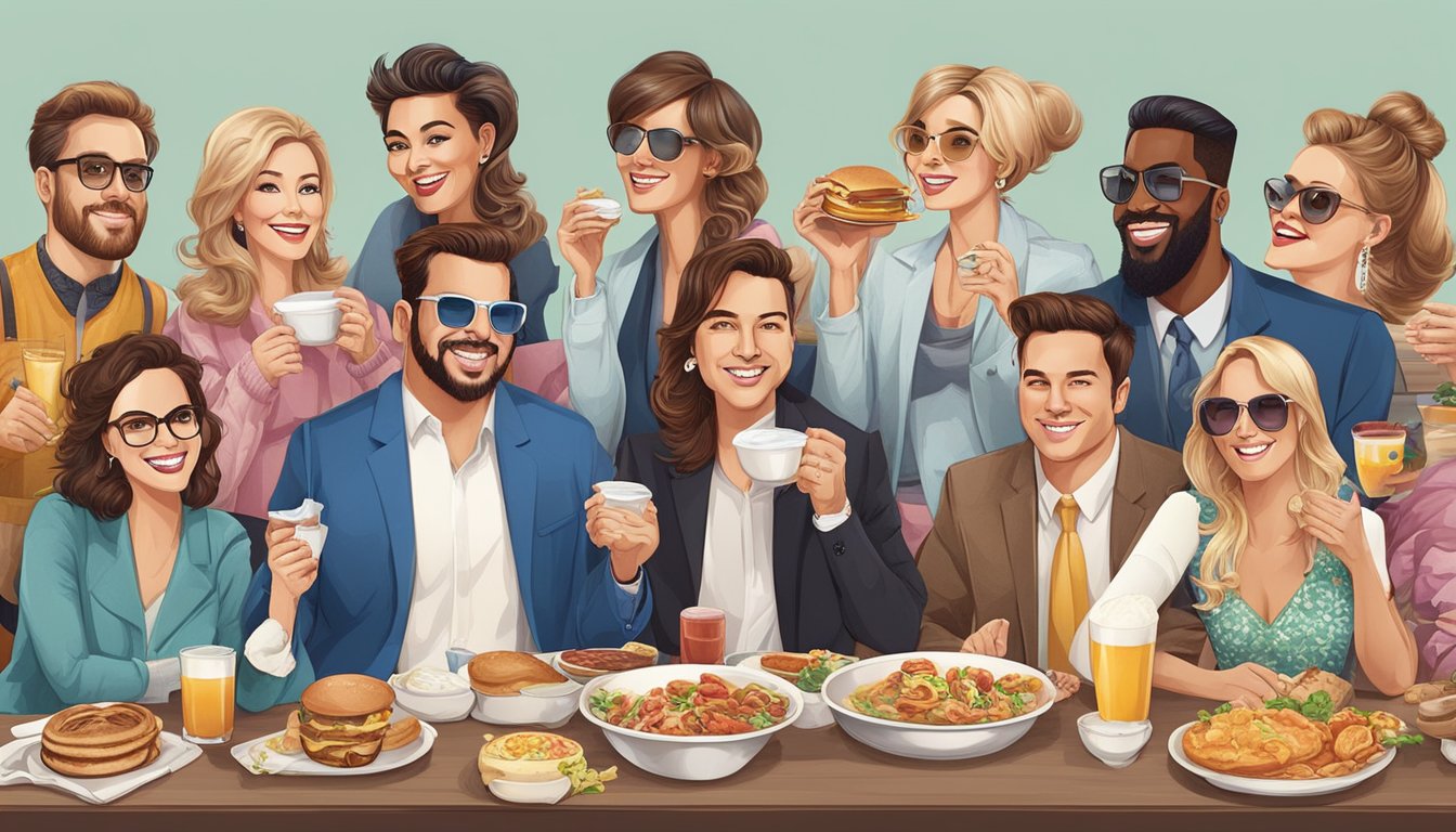 A group of 10 different celebrities, each with their own distinct style and personality, eagerly enjoying a variety of delicious breakfast items from BK's menu