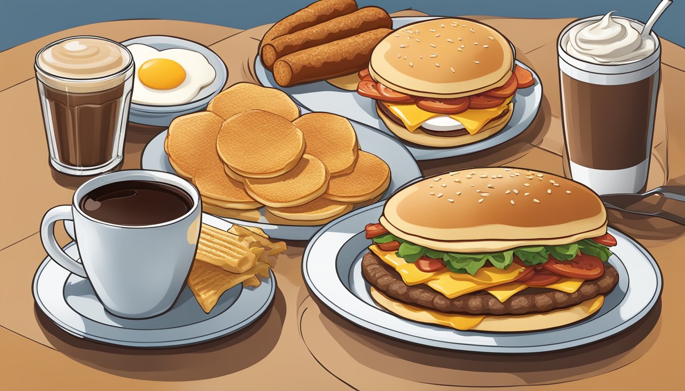 A table set with a variety of breakfast items from Burger King, including pancakes, eggs, sausage, and hash browns, with a cup of coffee on the side