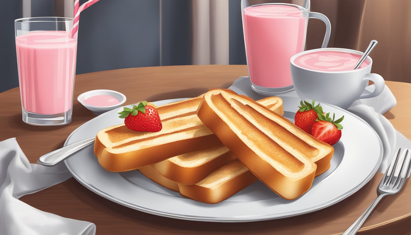 A plate of French toast sticks with a side of strawberry milkshake, set on a breakfast table with a napkin and utensils