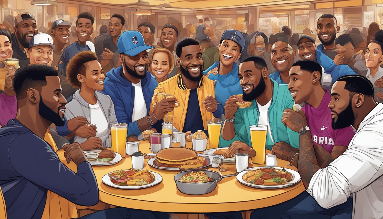 A group of celebrities enjoying BK's breakfast menu, with LeBron James at the center of the group, surrounded by fans in a lively and bustling restaurant setting