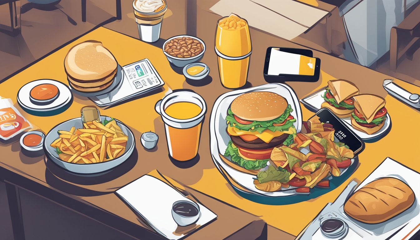 A breakfast table with a variety of fast food items and a smartphone displaying the BK Crown Club rewards program