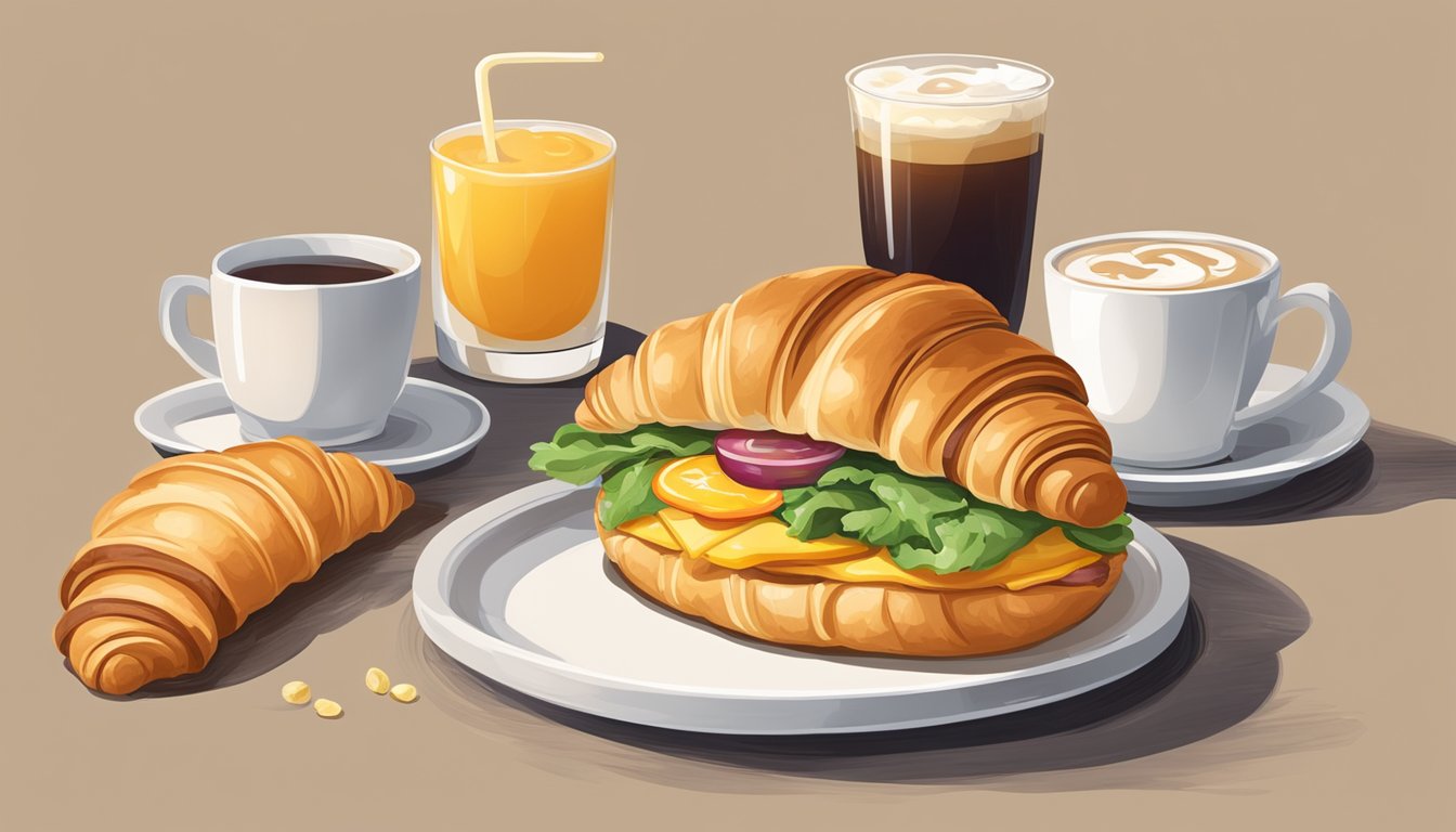 A croissant'wich sits next to a drink on a tray, surrounded by a warm and cozy breakfast setting