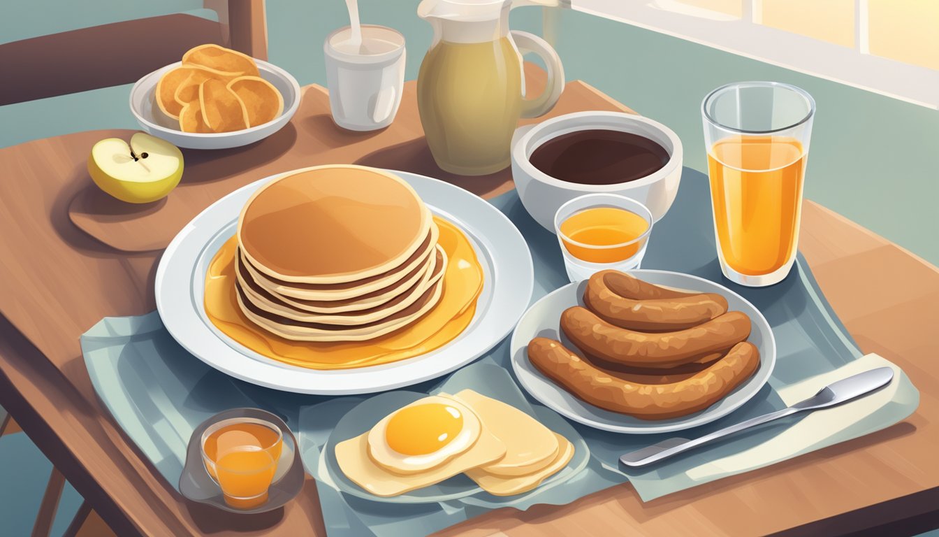 A plate of pancakes and sausage with a glass of apple juice on a breakfast table