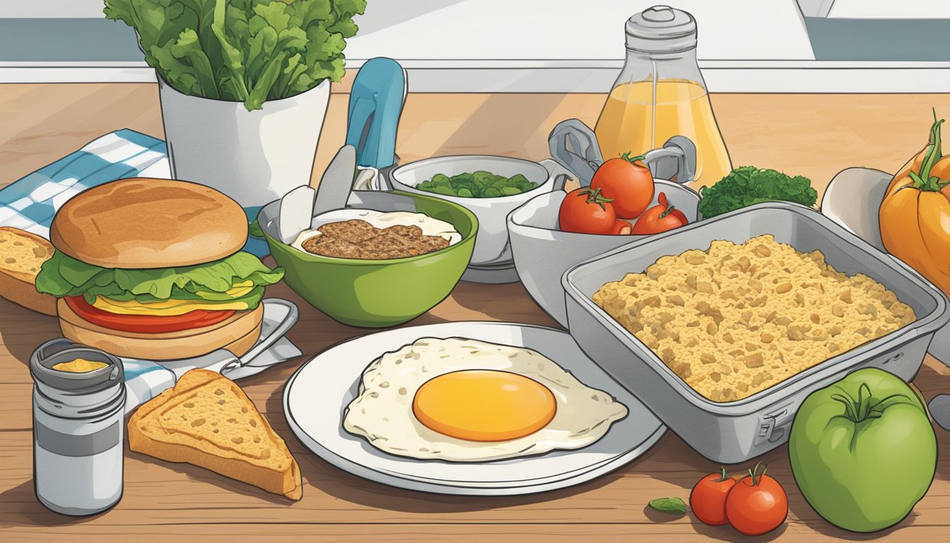 A kitchen counter with a MorningStar Veggie Breakfast Sandwich and various ingredients scattered around, with a clock in the background showing a time-saving breakfast preparation