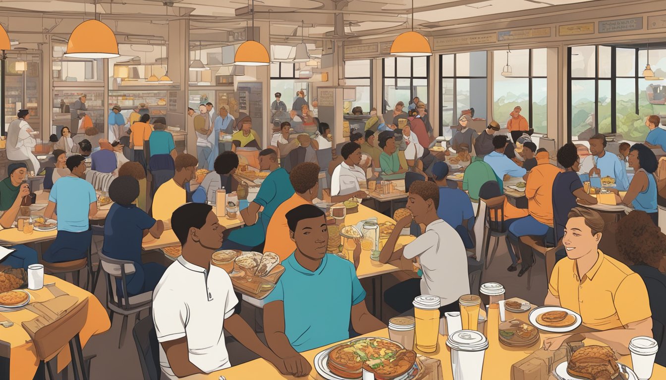 A crowded restaurant with a diverse group of people enjoying breakfast items from BK's menu