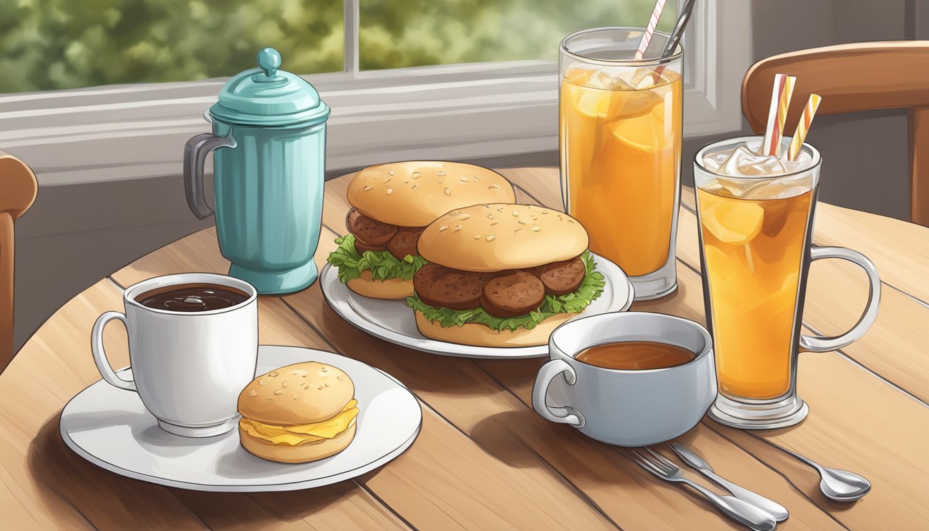 A delicious sausage biscuit and iced tea sitting on a breakfast table