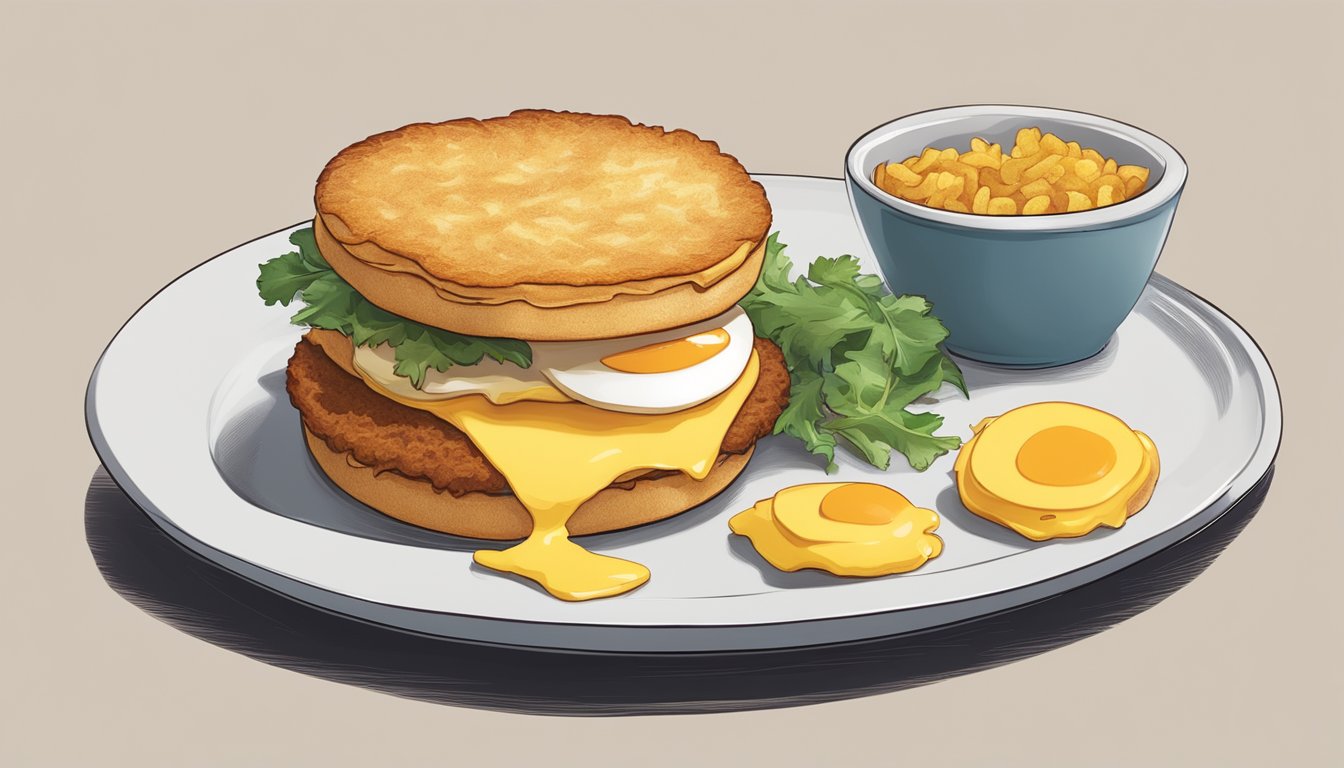 A plate with a breakfast sandwich next to a small pile of golden hash browns