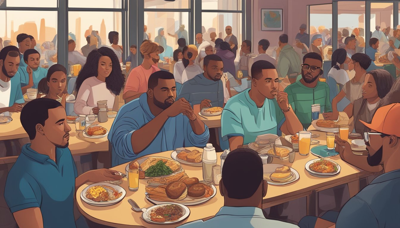 A crowded restaurant with a diverse group of people enjoying a variety of breakfast items, with a prominent figure resembling Kanye West at a table