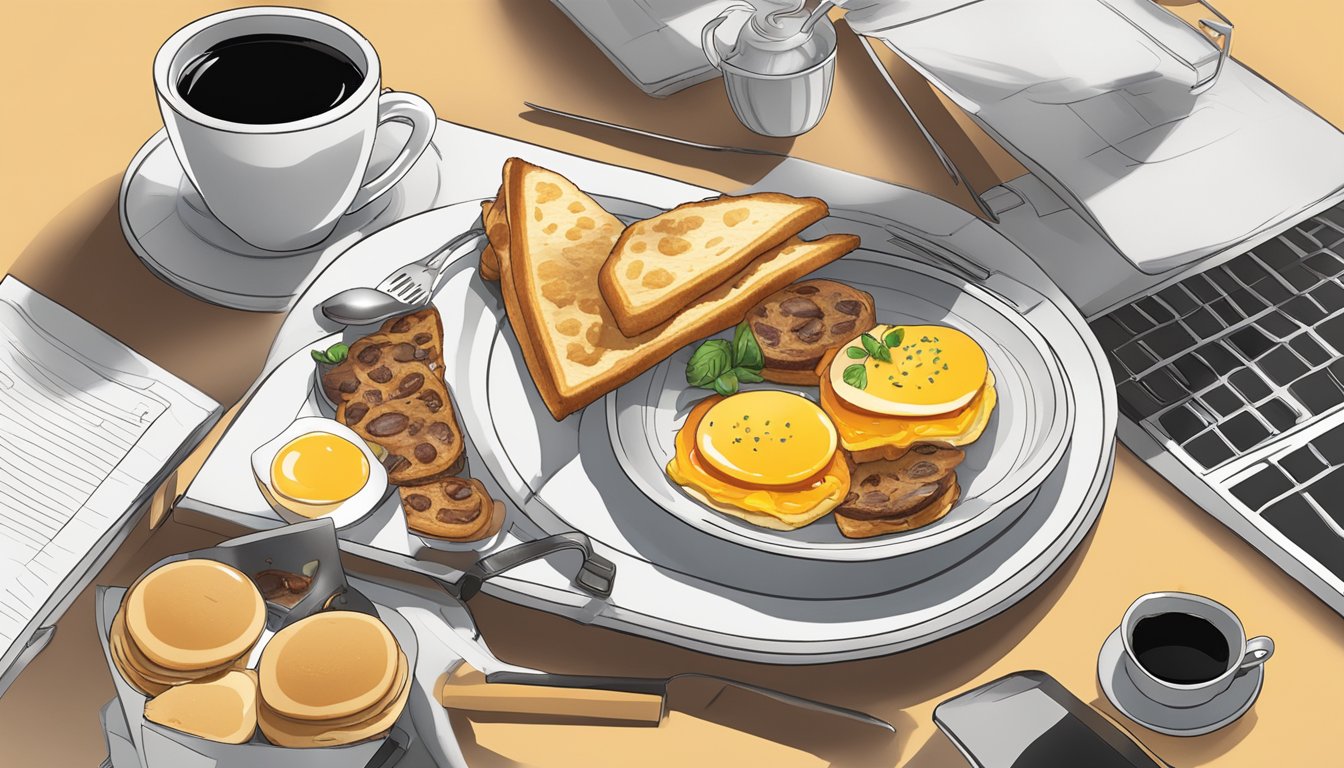 A table set with BK Ultimate Breakfast Platter and a steaming cup of black coffee