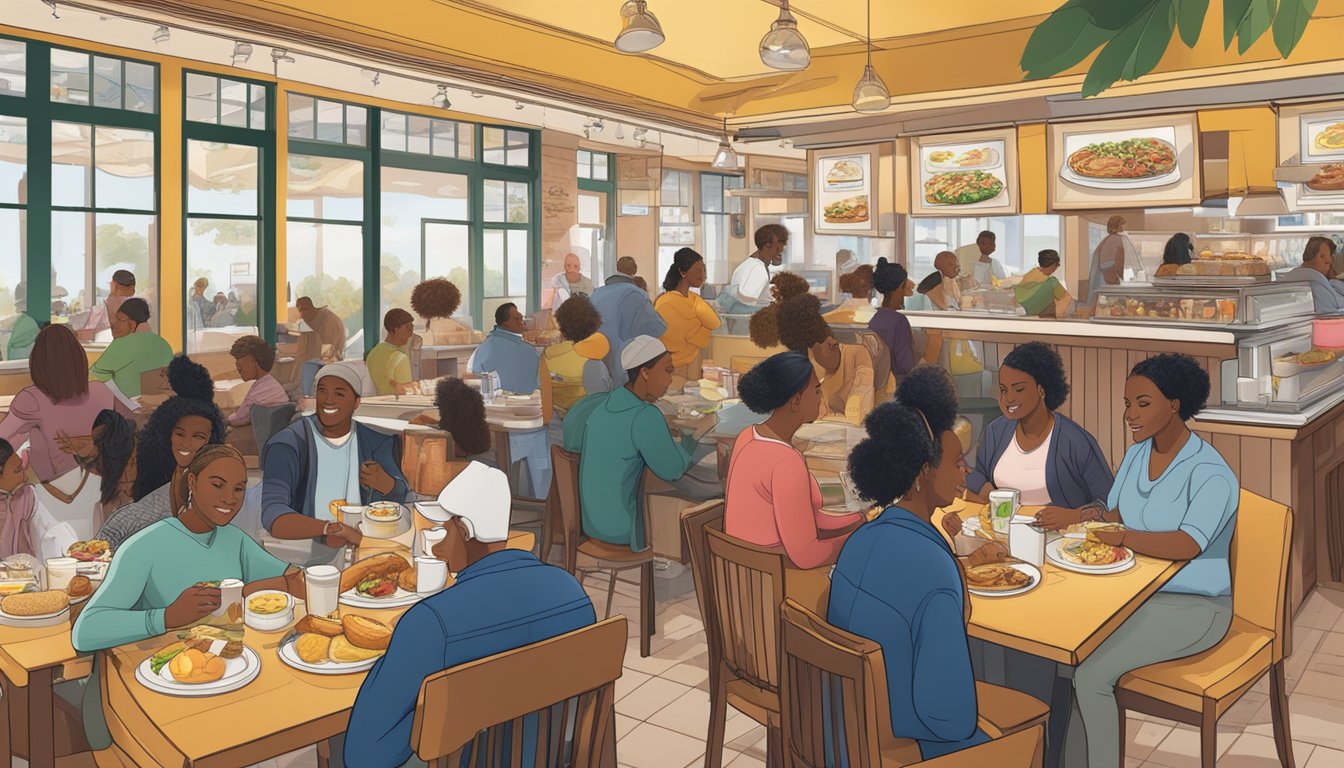 A bustling breakfast restaurant with a diverse group of people enjoying their meals, with a prominent display of Serena Williams' image and menu items