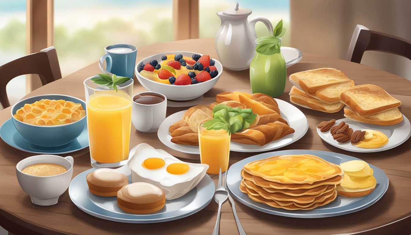 A table set with a variety of breakfast foods and beverages, carefully paired to create a balanced and satisfying morning meal