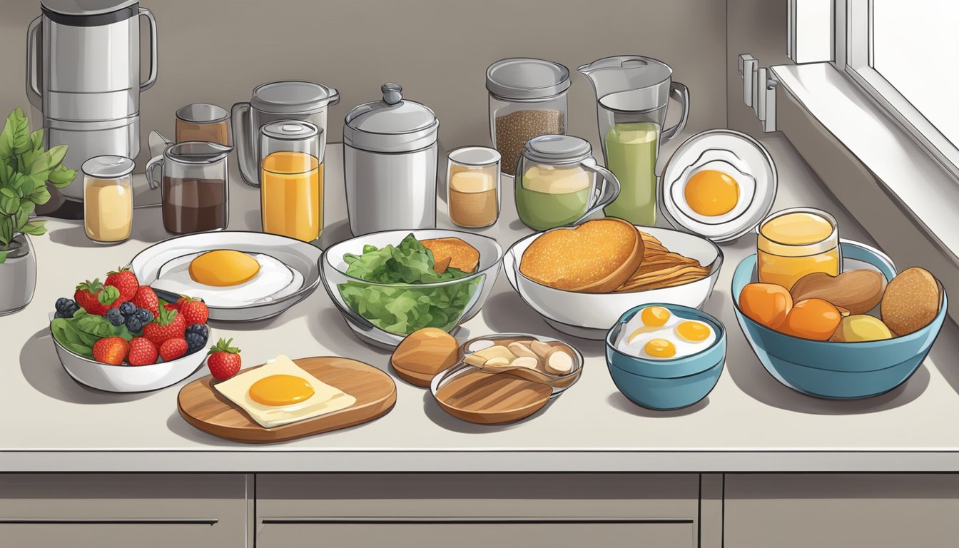 A kitchen counter with various breakfast ingredients and utensils laid out for easy access