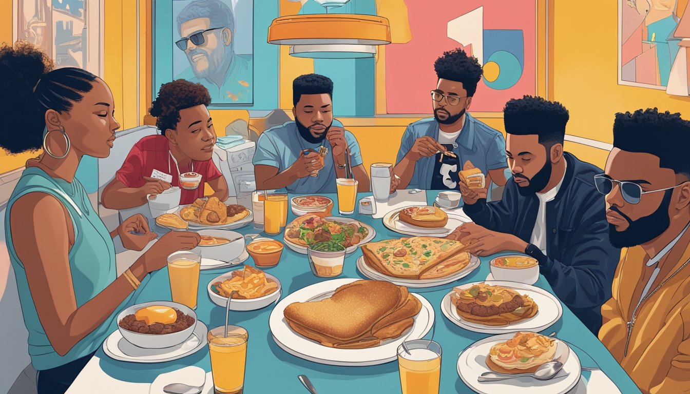 A group of diverse celebrity fans eagerly enjoy BK's breakfast menu, surrounded by iconic Weeknd music memorabilia