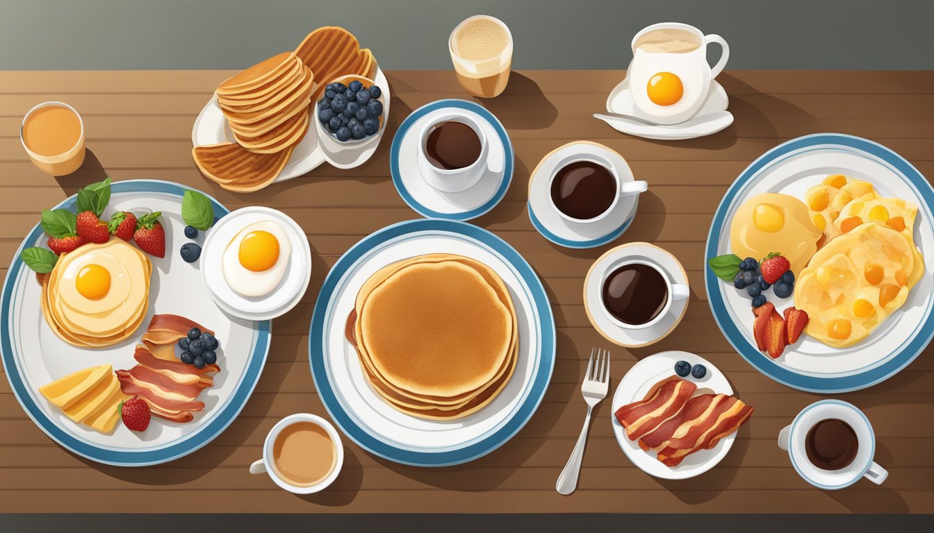 A table set with a variety of breakfast foods, including pancakes, eggs, bacon, fruit, and coffee, arranged in appealing pairings