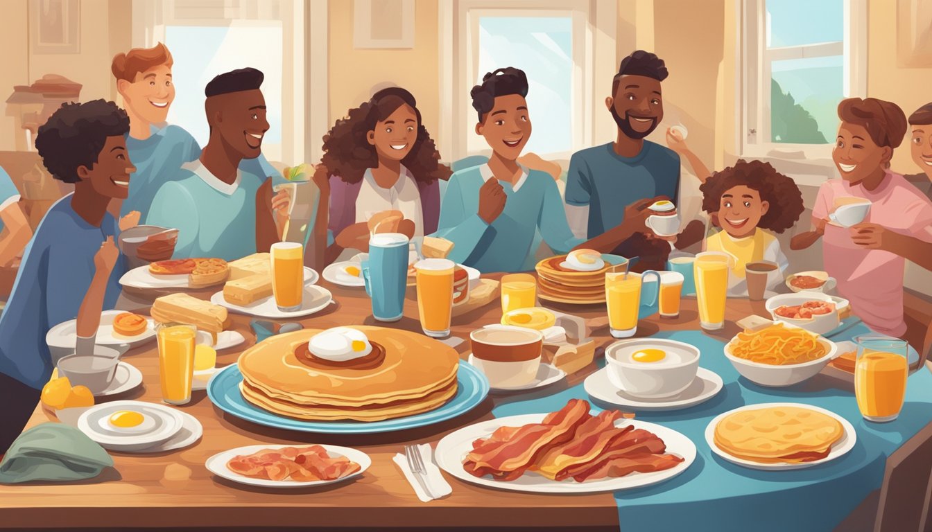 A table set with a variety of breakfast items, including pancakes, eggs, and bacon, surrounded by a group of excited fans