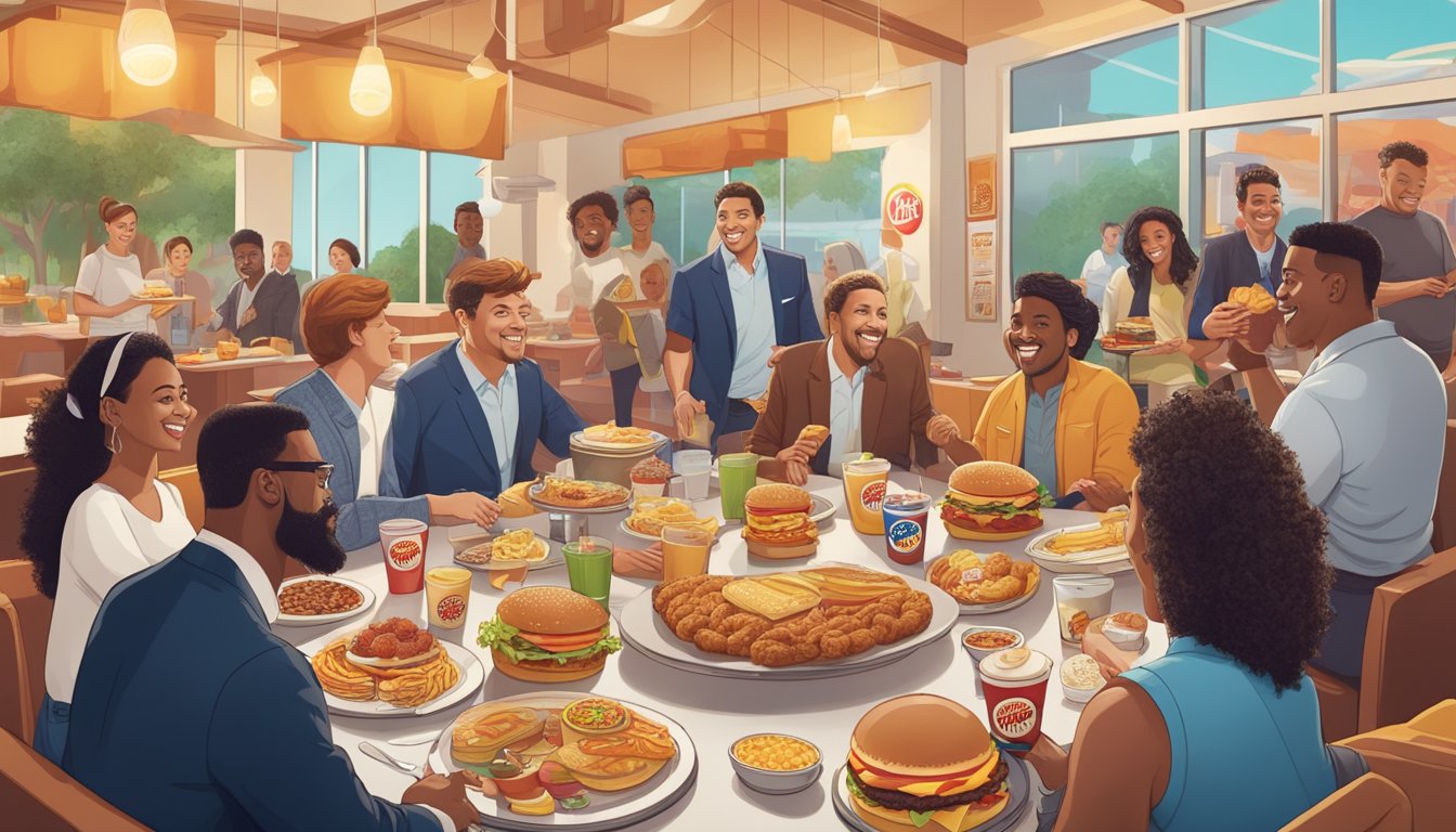 A table filled with a variety of breakfast items from Burger King, surrounded by 10 celebrities enjoying the food