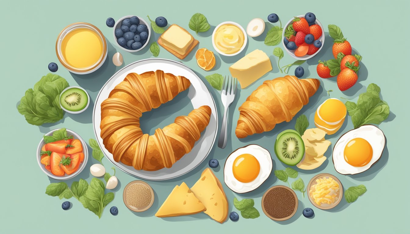 A golden croissant filled with egg and cheese, surrounded by a variety of healthy breakfast ingredients