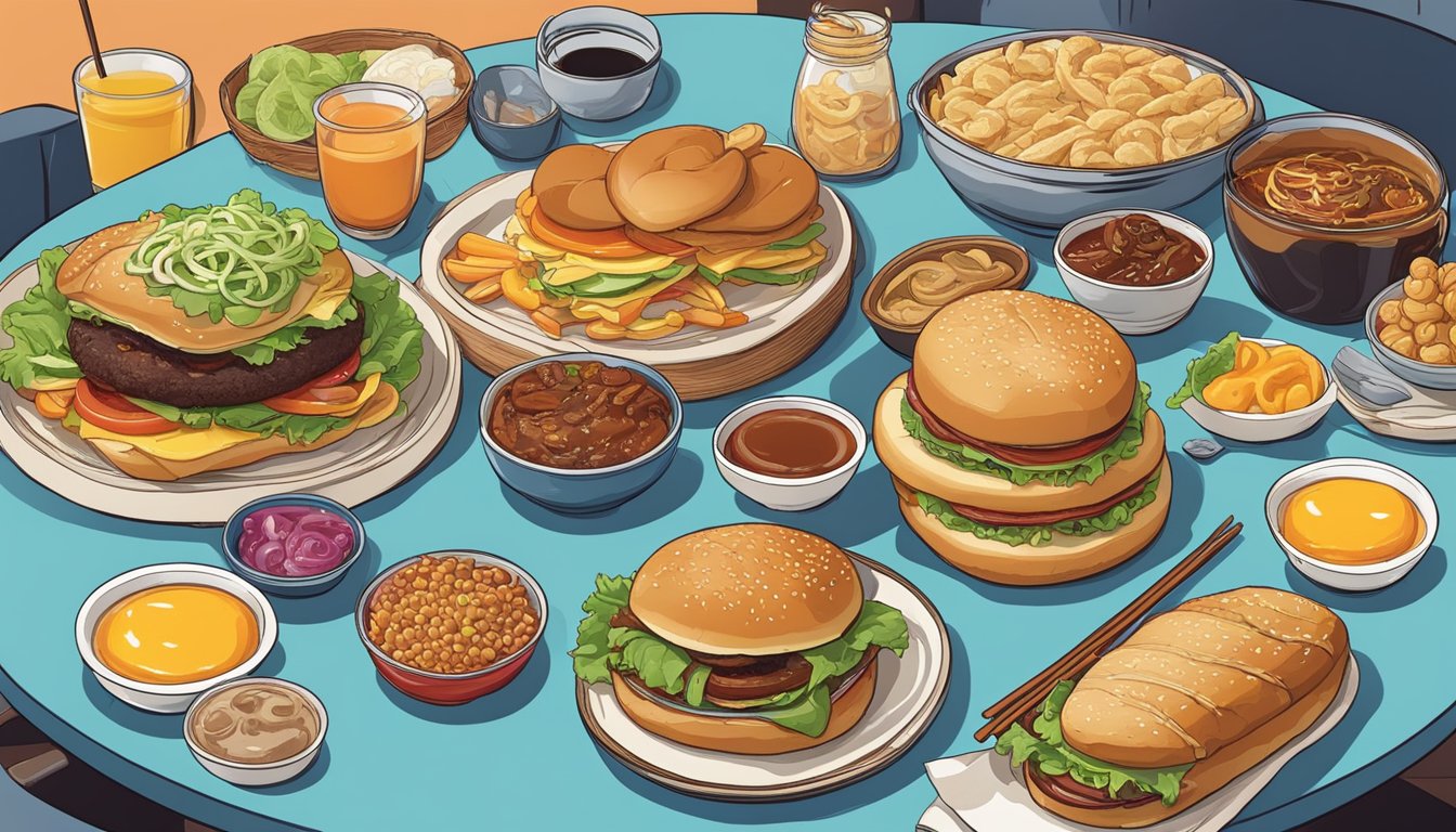 A colorful breakfast spread with a Teriyaki Whopper and unique items from 10 countries, arranged on a table