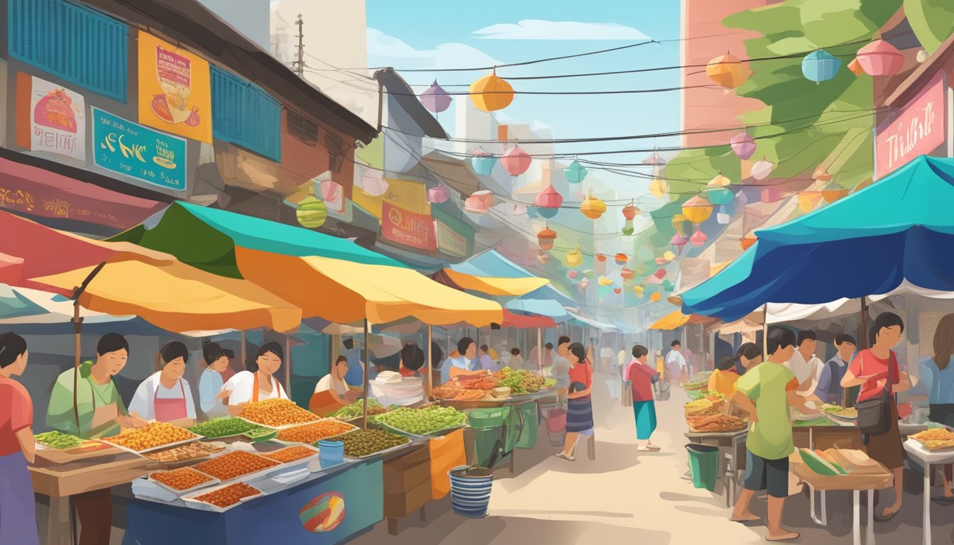 A bustling street market in Thailand, with colorful food stalls selling Thai Sweet Chili Chicken. A sign displays "10 Countries with Unique BK Breakfast Menus" nearby