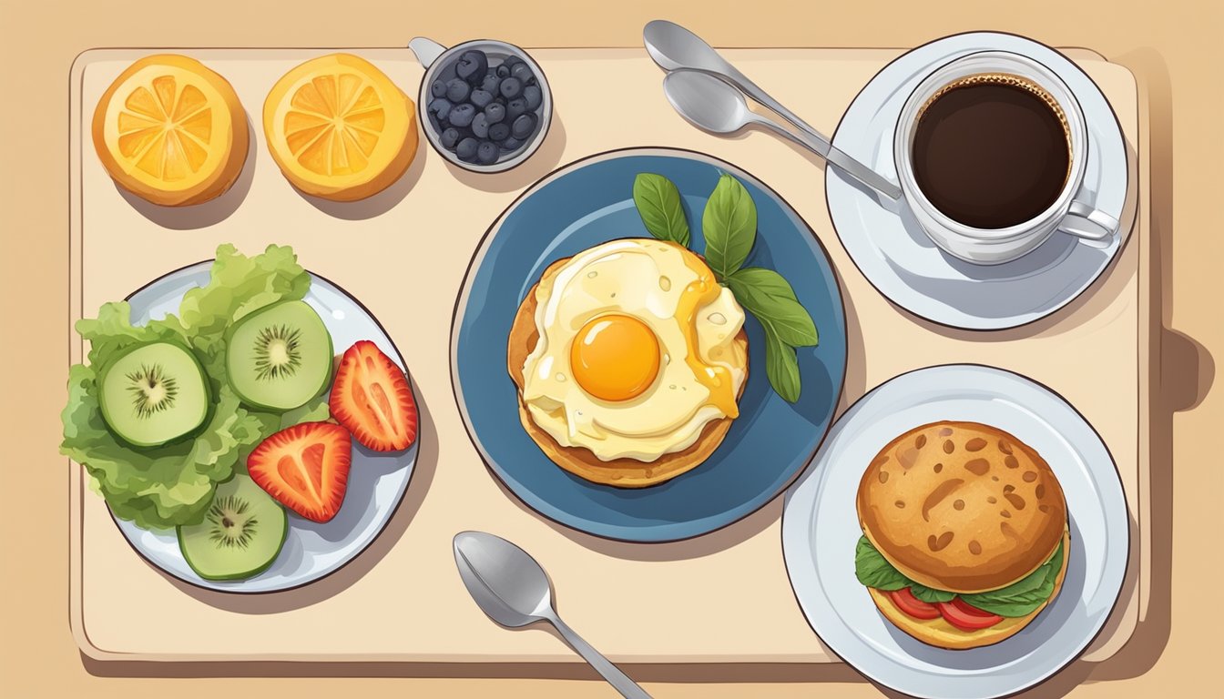 A colorful breakfast plate with a veggie egg and cheese muffin, surrounded by fresh fruits and a steaming cup of coffee