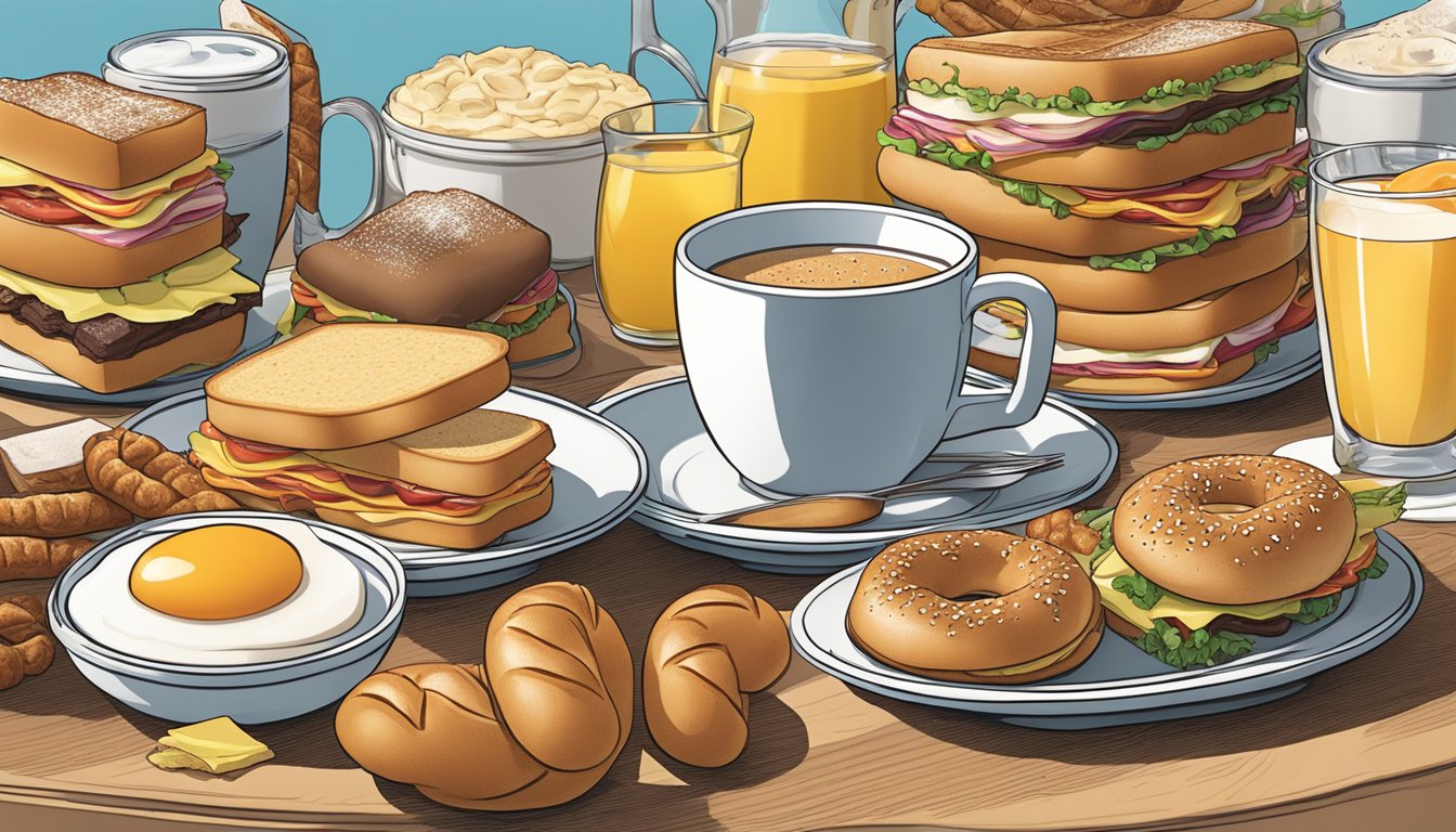 A breakfast scene with a giant German pretzel sandwich surrounded by international breakfast items