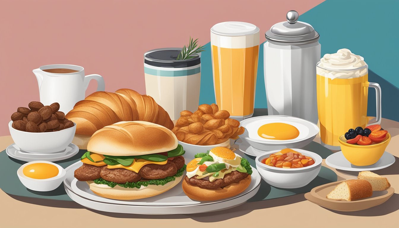 A mouth-watering turkey sausage croissan'wich surrounded by a variety of breakfast items on a tray