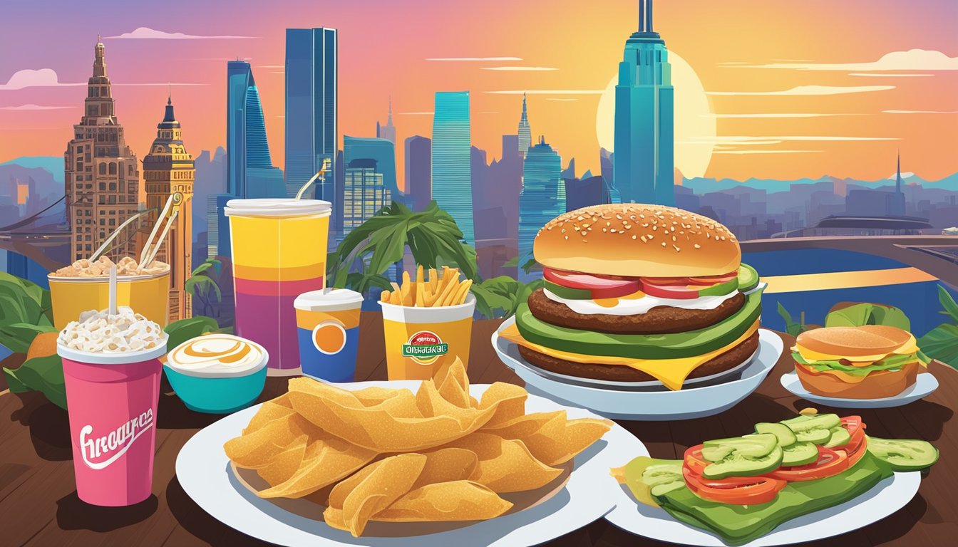 A colorful breakfast spread with a Jalapeño Whopper and unique menu items from 10 countries, set against a backdrop of iconic landmarks