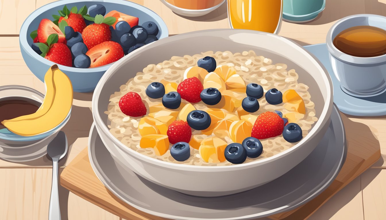 A bowl of oatmeal topped with fresh fruit and drizzled with maple syrup sits on a wooden table, surrounded by a variety of breakfast items