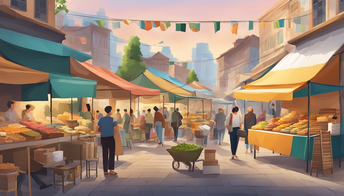 A bustling street market with colorful food stalls from 10 different countries, each offering a unique breakfast menu