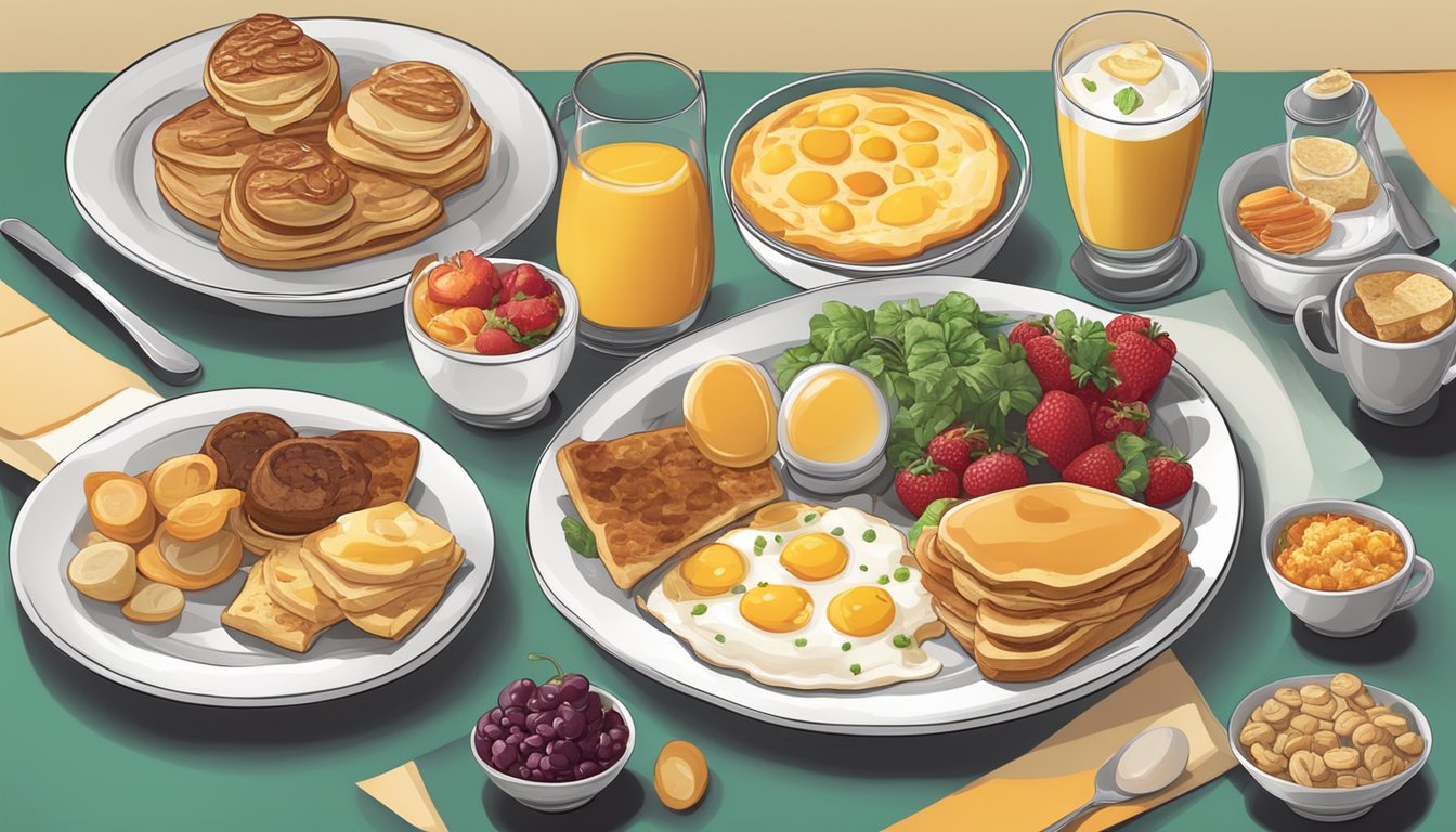 A table set with six different breakfast combinations, featuring a variety of food items to cater to different dietary preferences