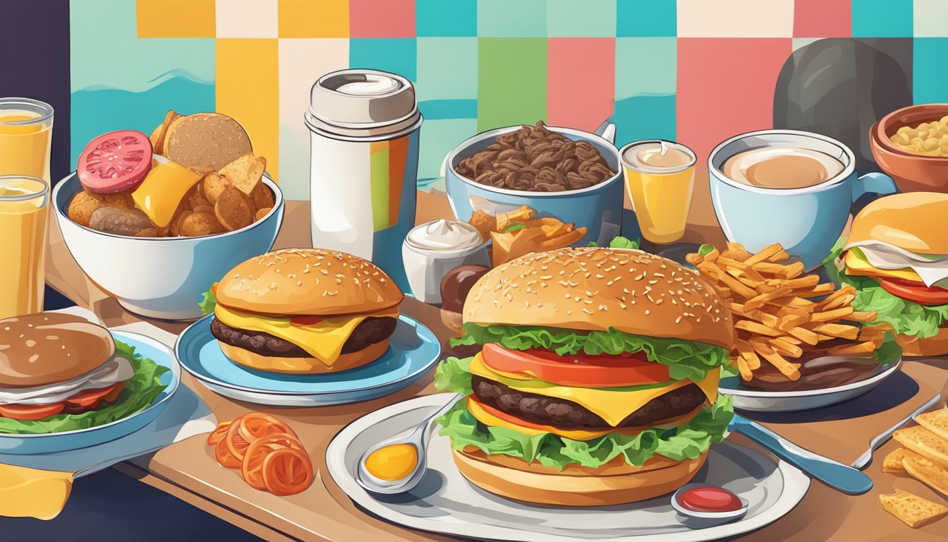 A colorful burger surrounded by international breakfast items on a table