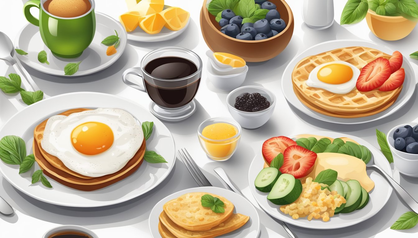 A table set with 6 different breakfast combinations, each tailored to a specific dietary restriction, surrounded by fresh ingredients and kitchen utensils