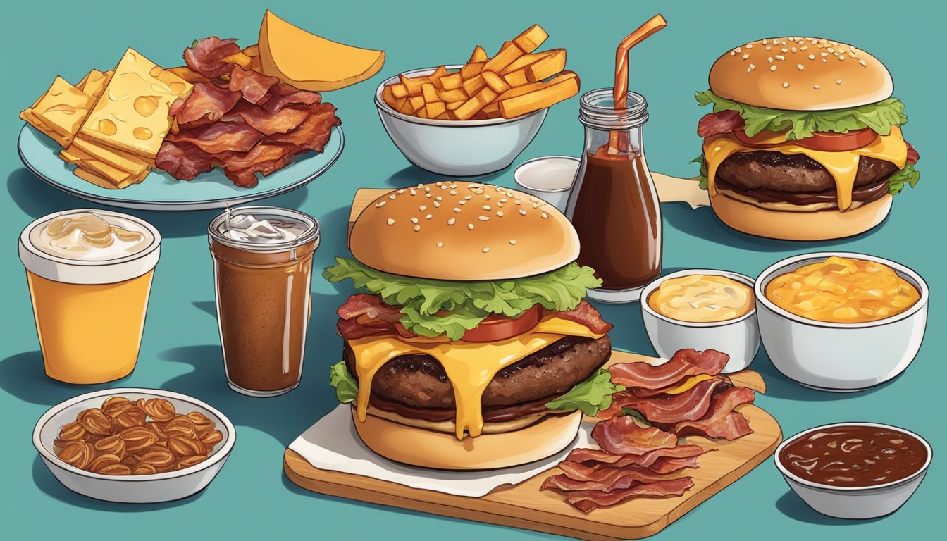 A sizzling burger topped with maple-infused BBQ sauce, bacon, and melted cheese, surrounded by breakfast items from 10 different countries