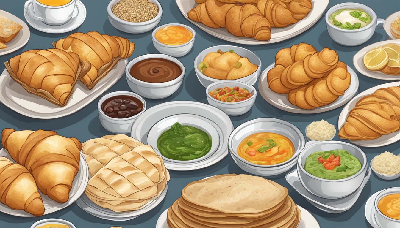 A table with breakfast dishes from 10 countries: croissants, dim sum, chilaquiles, congee, muesli, dosa, bagels, porridge, empanadas, and pastries