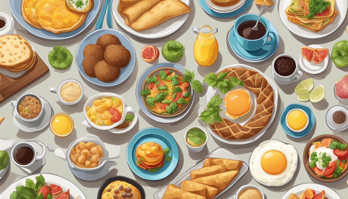 A colorful array of breakfast items from 10 different countries, including traditional dishes and unique flavors, displayed on a table