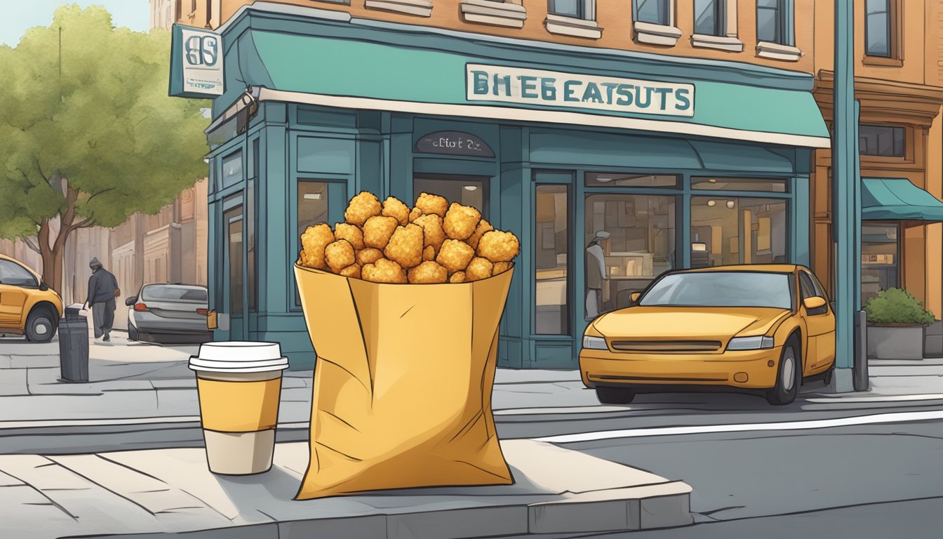 A to-go bag filled with Cheesy Tots, a breakfast sandwich, and a hot coffee cup on a busy city street corner