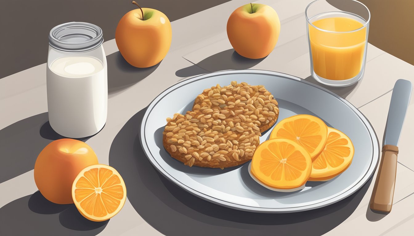 A plate with a sausage biscuit, an apple, a yogurt cup, a granola bar, and a bottle of orange juice on a breakfast table