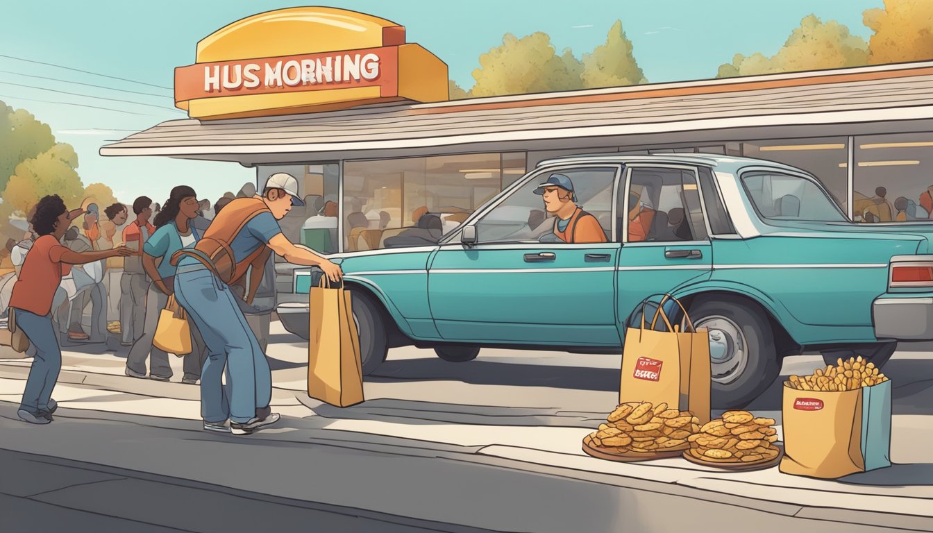 A busy morning scene at a fast-food drive-thru, with a hand reaching out of a car window to receive a bag of hash browns