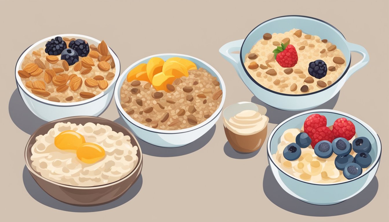 A table with eight different bowls of oatmeal, each with a unique topping or mix-in, surrounded by various breakfast items