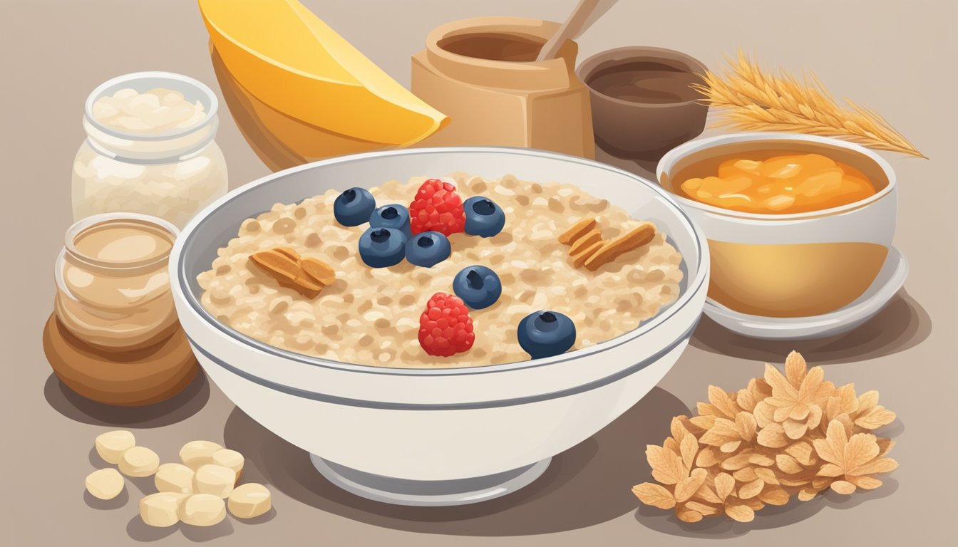 A steaming bowl of maple oatmeal surrounded by a spread of nutritious breakfast items