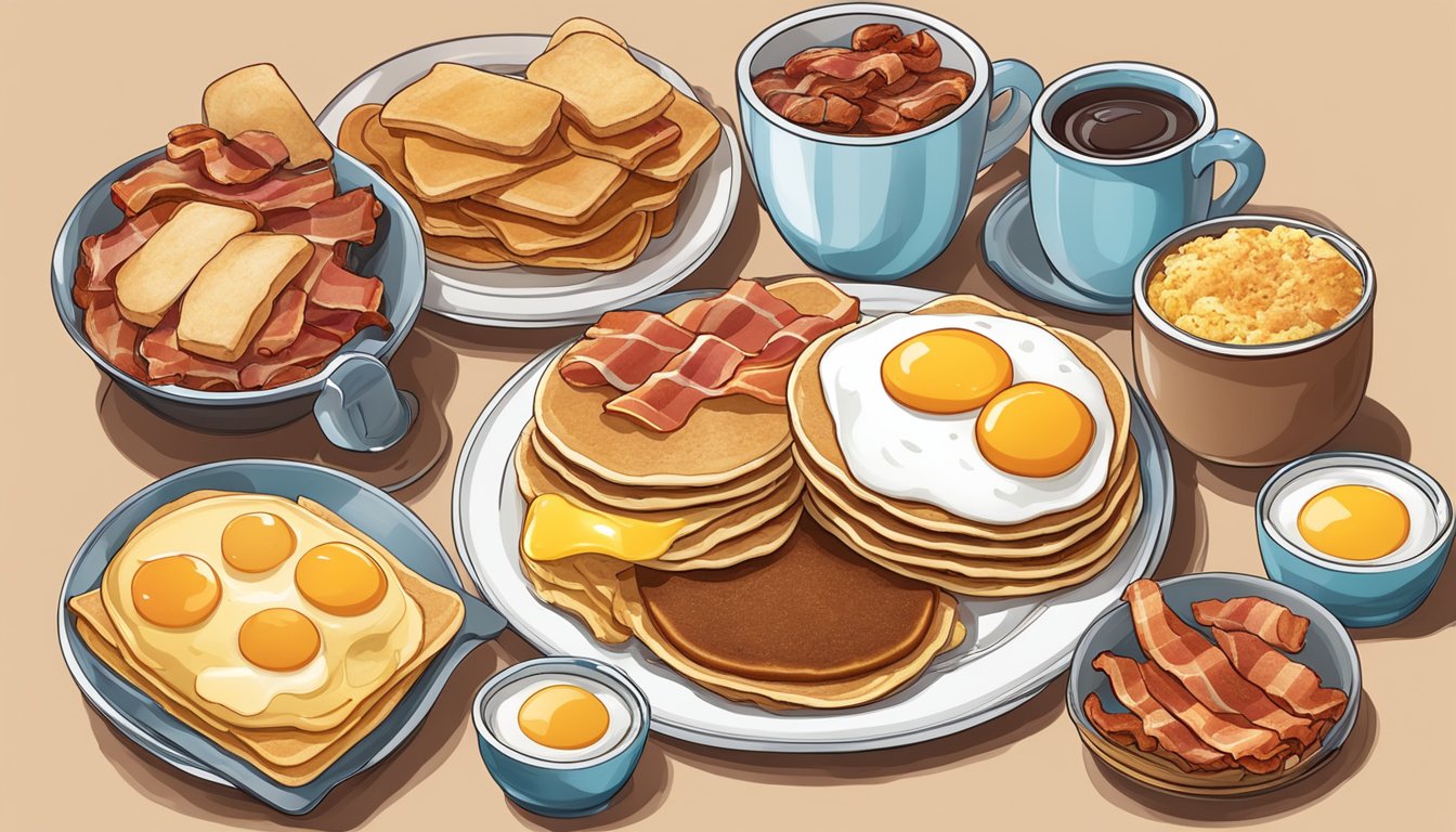 A platter with pancakes, eggs, bacon, and other breakfast items arranged neatly for on-the-go consumption