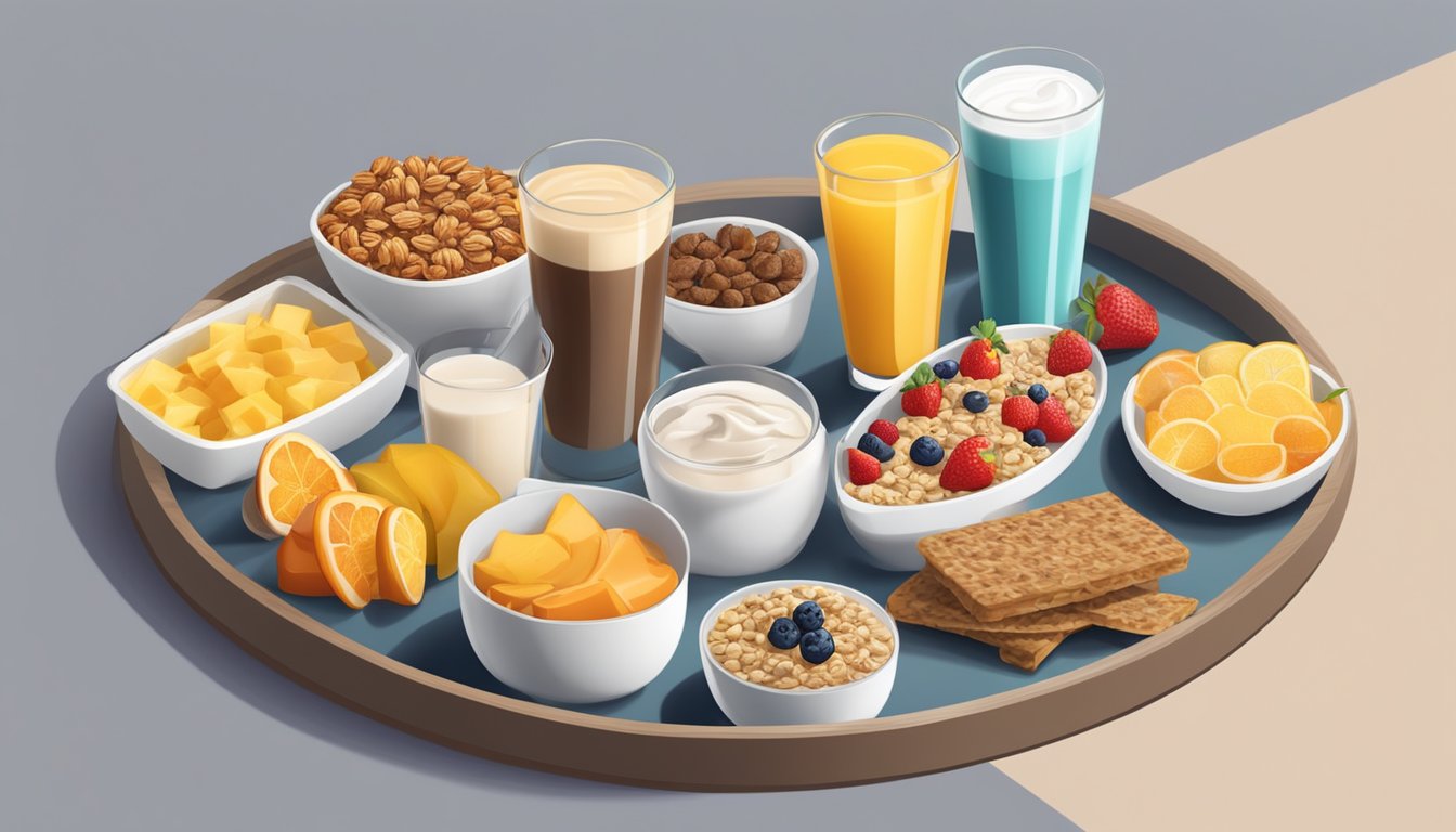 A table with a variety of breakfast items such as fruit, yogurt, granola bars, and smoothies arranged neatly on a tray